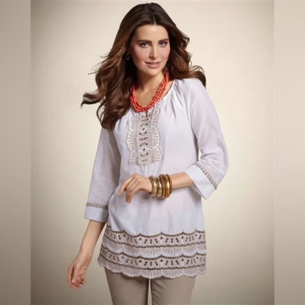 Chicos Tunic Top Boho Smocked Long Sleeve White Cotton Embroidered Eyelet Blouse